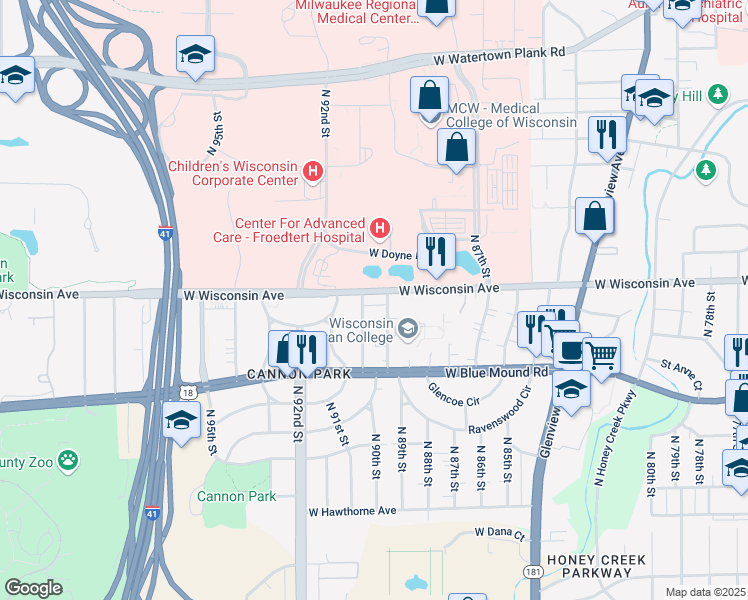 map of restaurants, bars, coffee shops, grocery stores, and more near 630 North 90th Street in Milwaukee