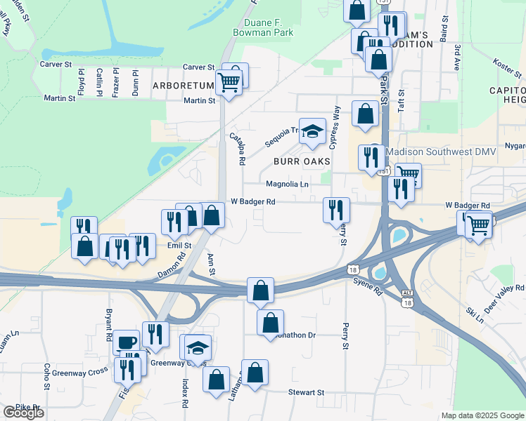 map of restaurants, bars, coffee shops, grocery stores, and more near 2442 Fiedler Lane in Madison