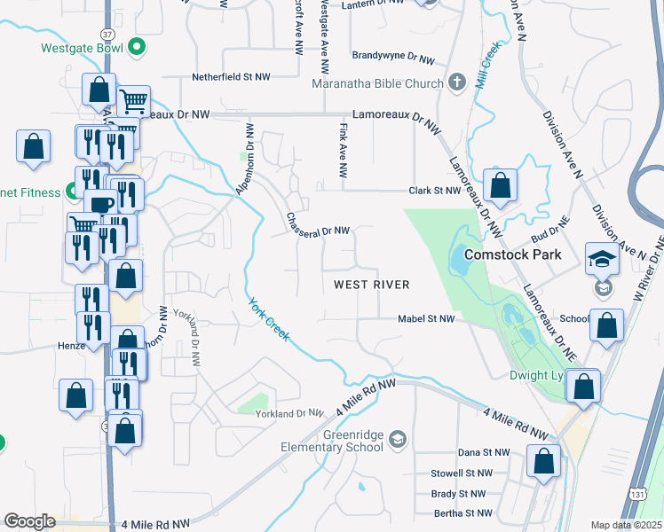 map of restaurants, bars, coffee shops, grocery stores, and more near 358 Yorkwoods Drive Northwest in Comstock Park