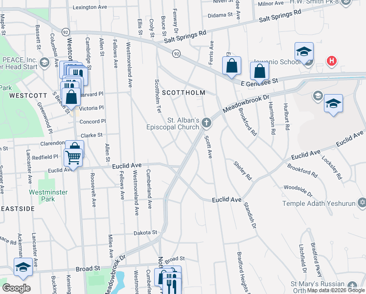 map of restaurants, bars, coffee shops, grocery stores, and more near 309 Scottholm Terrace in Syracuse