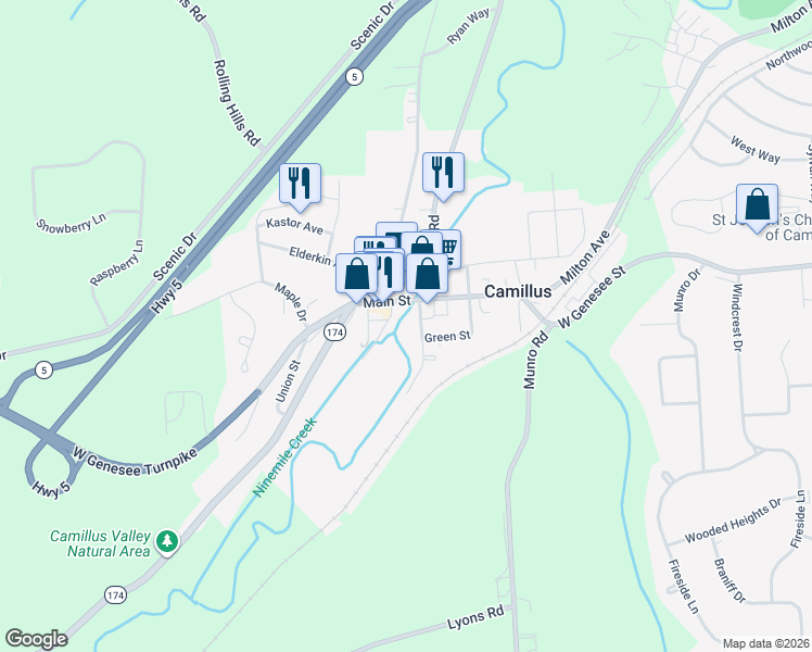 map of restaurants, bars, coffee shops, grocery stores, and more near 8 South Street in Camillus