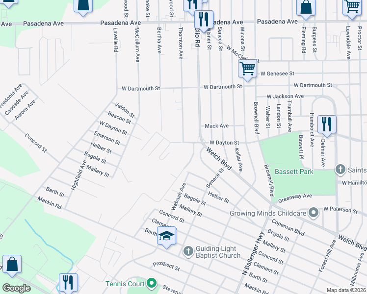 map of restaurants, bars, coffee shops, grocery stores, and more near 2393 West Dayton Street in Flint