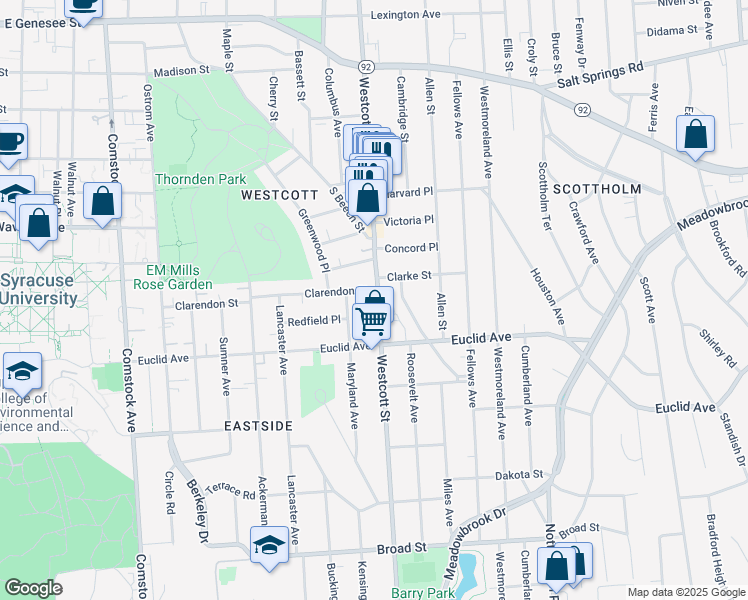 map of restaurants, bars, coffee shops, grocery stores, and more near 710 Westcott Street in Syracuse