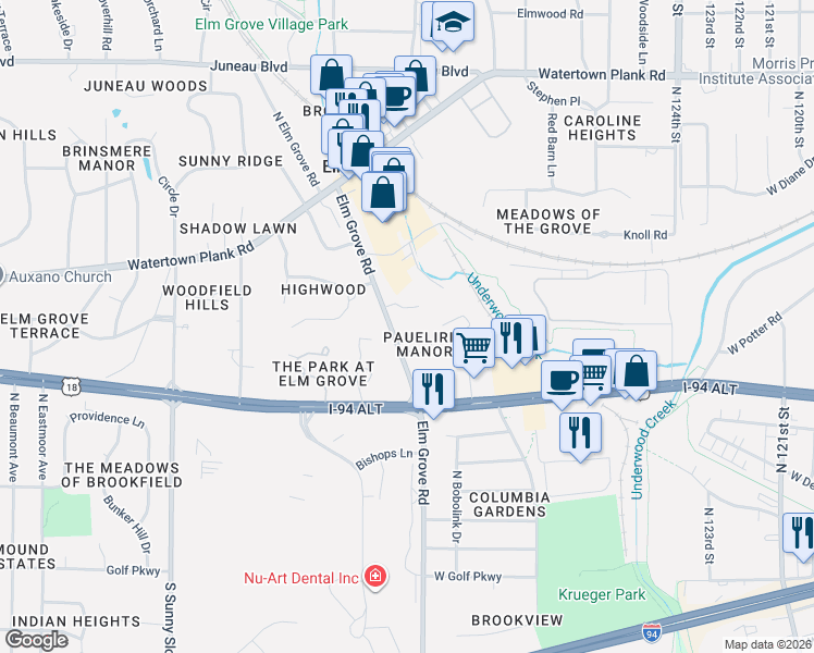 map of restaurants, bars, coffee shops, grocery stores, and more near 640 Dunleith Circle in Elm Grove