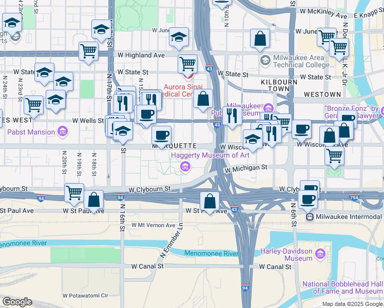 map of restaurants, bars, coffee shops, grocery stores, and more near 1145 West Wisconsin Avenue in Milwaukee