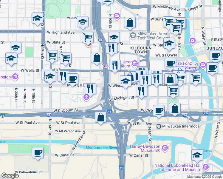 map of restaurants, bars, coffee shops, grocery stores, and more near 628 North 10th Street in Milwaukee
