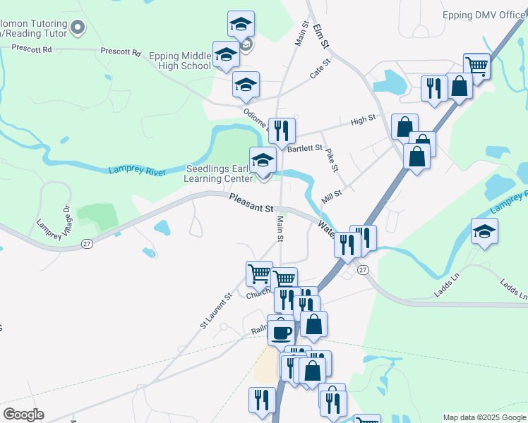 map of restaurants, bars, coffee shops, grocery stores, and more near 10 Pleasant Street in Epping