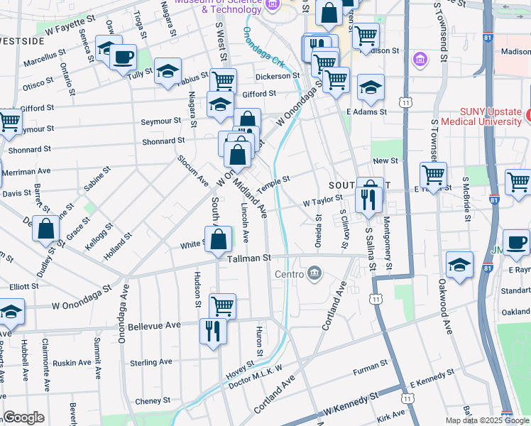 map of restaurants, bars, coffee shops, grocery stores, and more near 310 Midland Avenue in Syracuse