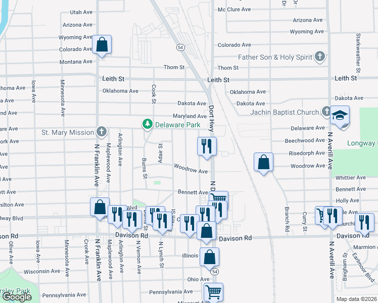 map of restaurants, bars, coffee shops, grocery stores, and more near 2502 Hoff Street in Flint
