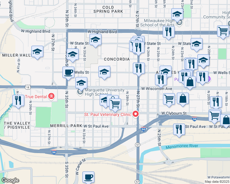 map of restaurants, bars, coffee shops, grocery stores, and more near 2919 West Wisconsin Avenue in Milwaukee