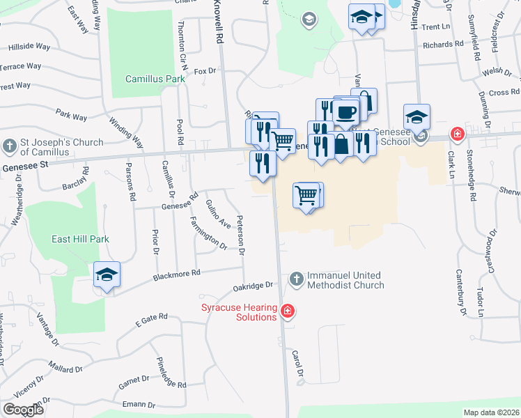 map of restaurants, bars, coffee shops, grocery stores, and more near 206 Kasson Road in Camillus
