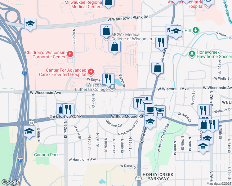 map of restaurants, bars, coffee shops, grocery stores, and more near 620 Bel Air Circle in Wauwatosa