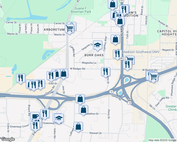 map of restaurants, bars, coffee shops, grocery stores, and more near 1019 West Badger Road in Madison