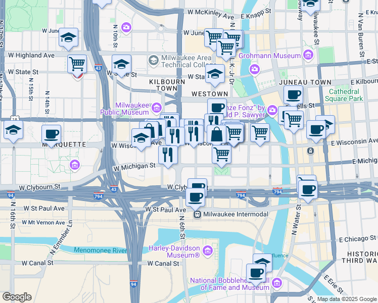 map of restaurants, bars, coffee shops, grocery stores, and more near 509 West Wisconsin Avenue in Milwaukee