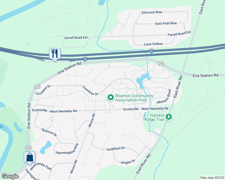map of restaurants, bars, coffee shops, grocery stores, and more near 15 Stargrass Lane in West Henrietta