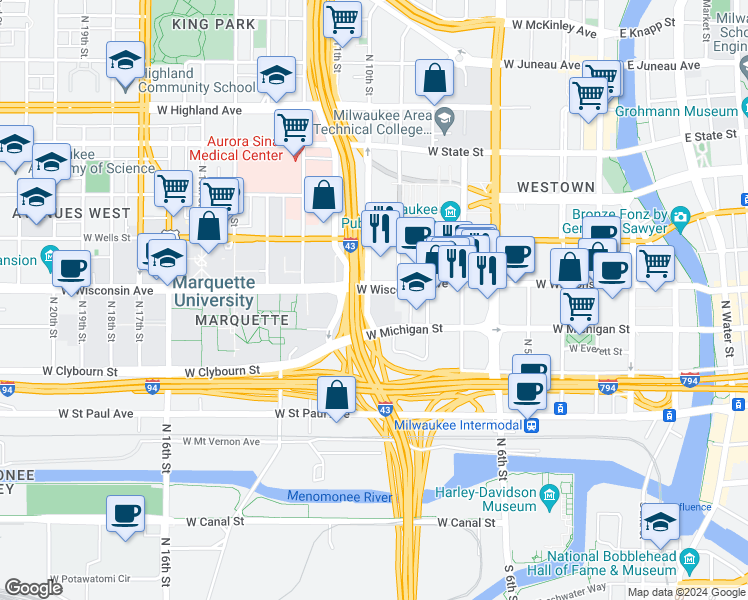 map of restaurants, bars, coffee shops, grocery stores, and more near 935 West Wisconsin Avenue in Milwaukee