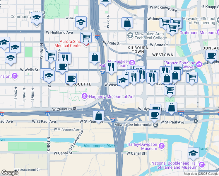 map of restaurants, bars, coffee shops, grocery stores, and more near 935 West Wisconsin Avenue in Milwaukee
