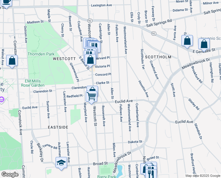 map of restaurants, bars, coffee shops, grocery stores, and more near 733-35 Allen Street in Syracuse