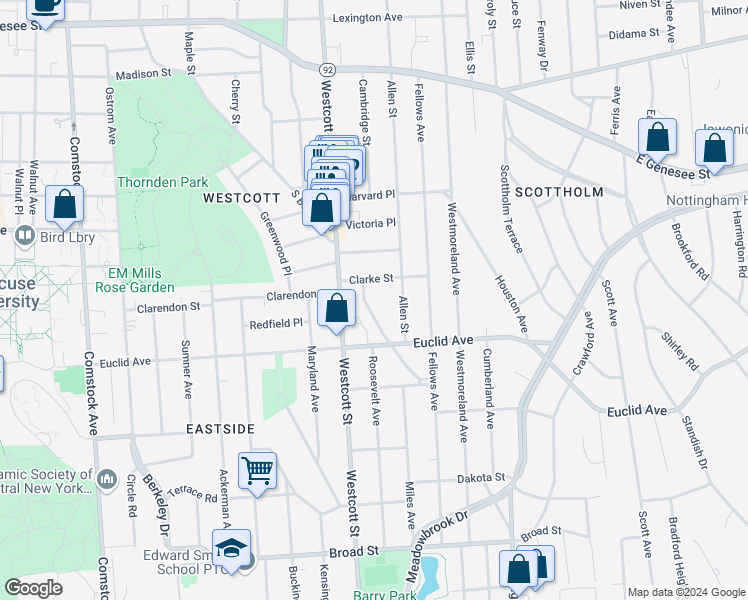 map of restaurants, bars, coffee shops, grocery stores, and more near 135 Strong Avenue in Syracuse