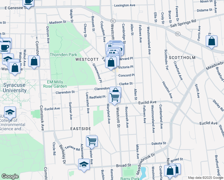 map of restaurants, bars, coffee shops, grocery stores, and more near 718-20 Westcott Street in Syracuse