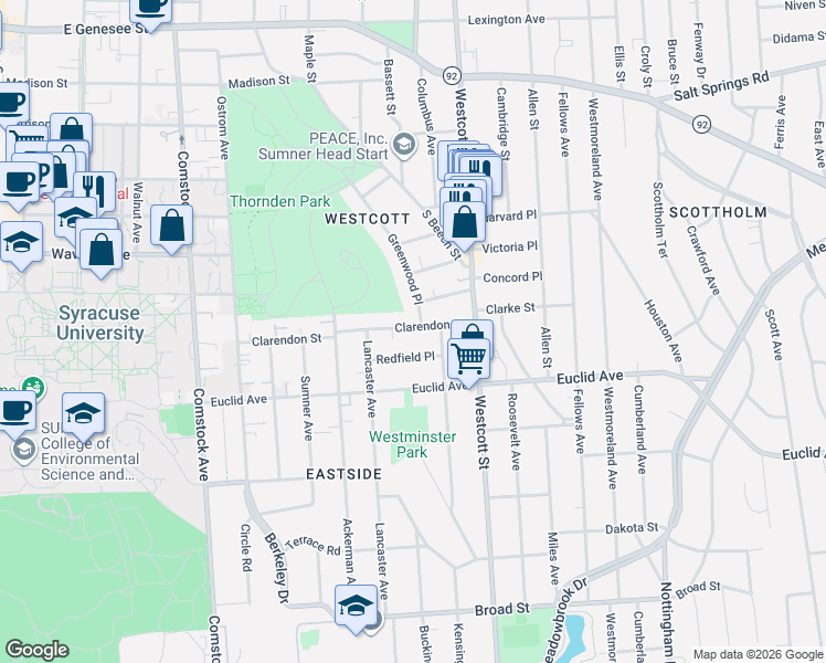 map of restaurants, bars, coffee shops, grocery stores, and more near 536 Clarendon Street in Syracuse