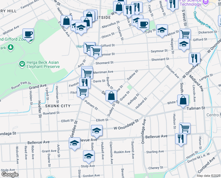 map of restaurants, bars, coffee shops, grocery stores, and more near 522 Delaware Street in Syracuse