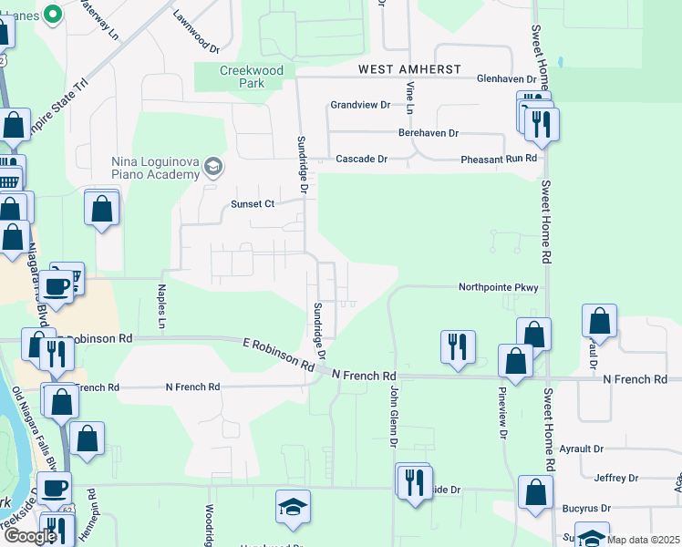 map of restaurants, bars, coffee shops, grocery stores, and more near 105 Sundridge Drive in Buffalo