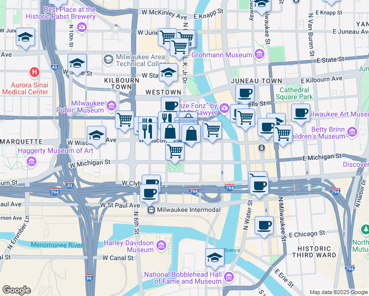 map of restaurants, bars, coffee shops, grocery stores, and more near 301 West Wisconsin Avenue in Milwaukee