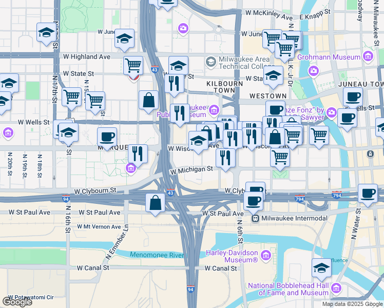 map of restaurants, bars, coffee shops, grocery stores, and more near 826 West Michigan Street in Milwaukee