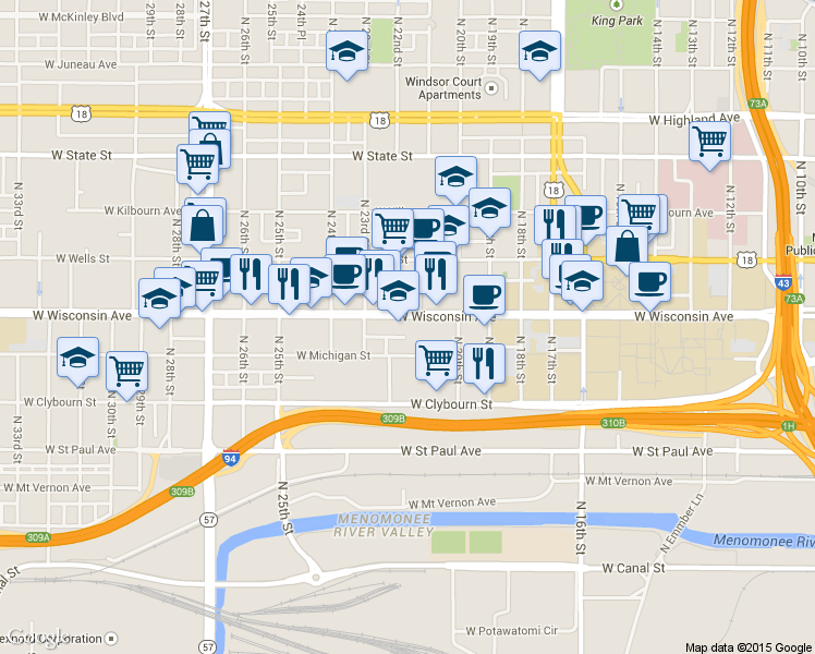 map of restaurants, bars, coffee shops, grocery stores, and more near 2136 West Michigan Street in Milwaukee