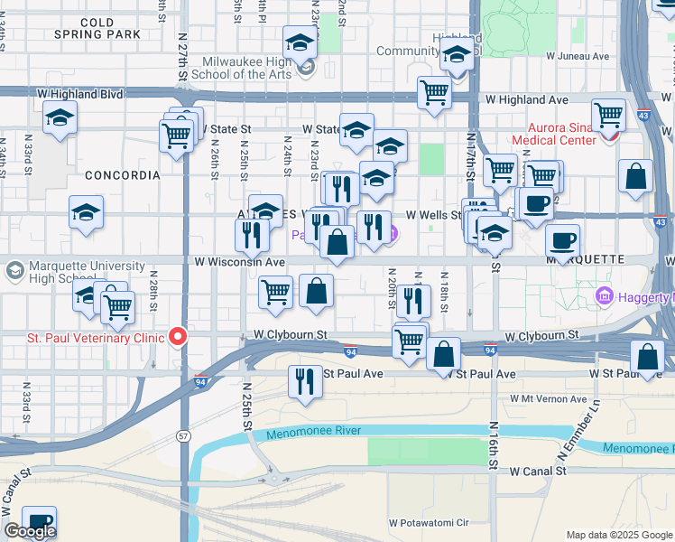 map of restaurants, bars, coffee shops, grocery stores, and more near 2136 West Michigan Street in Milwaukee