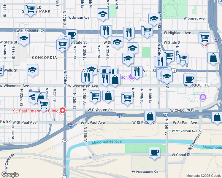 map of restaurants, bars, coffee shops, grocery stores, and more near 2136 West Michigan Street in Milwaukee