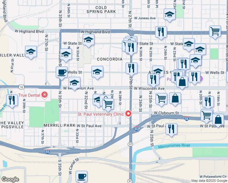 map of restaurants, bars, coffee shops, grocery stores, and more near 612 North 28th Street in Milwaukee