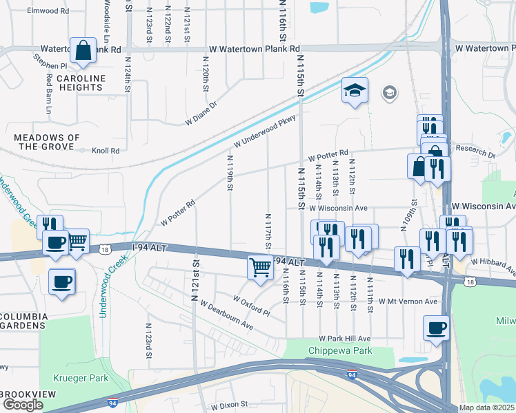 map of restaurants, bars, coffee shops, grocery stores, and more near 707 North 117th Street in Wauwatosa