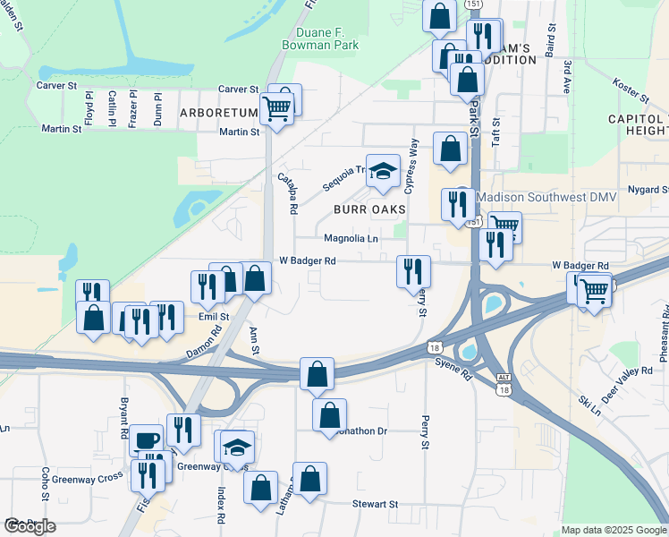 map of restaurants, bars, coffee shops, grocery stores, and more near 2442 Fiedler Lane in Madison
