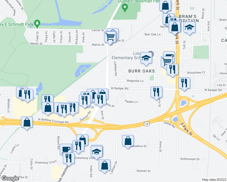 map of restaurants, bars, coffee shops, grocery stores, and more near 1122 Alrita Court in Madison