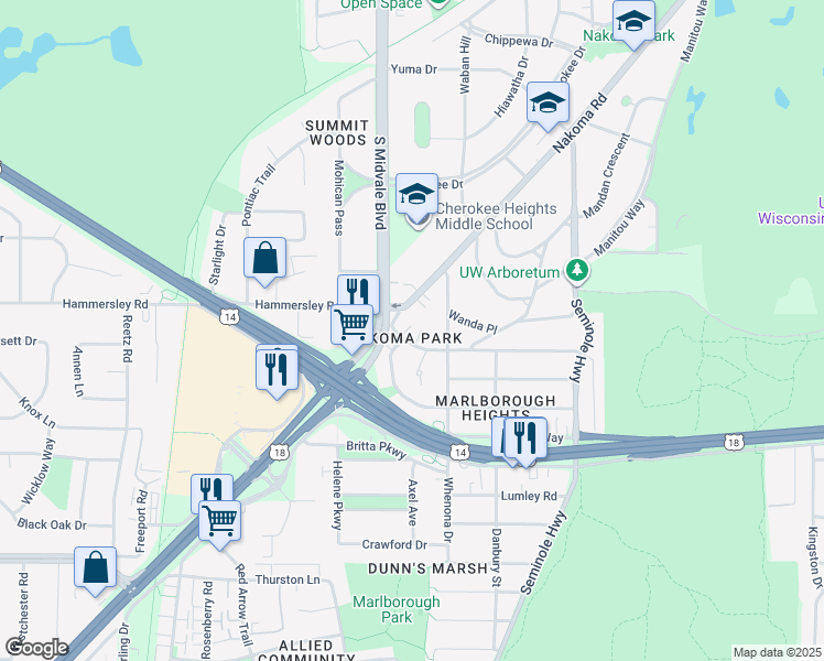 map of restaurants, bars, coffee shops, grocery stores, and more near 4310 Mohawk Drive in Madison