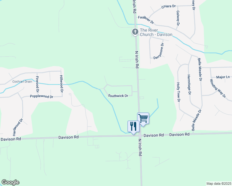 map of restaurants, bars, coffee shops, grocery stores, and more near 7412 Southwick Drive in Davison