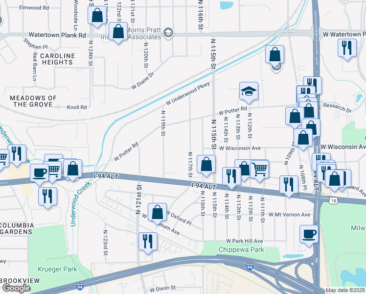 map of restaurants, bars, coffee shops, grocery stores, and more near 707 North 117th Street in Wauwatosa