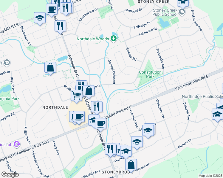 map of restaurants, bars, coffee shops, grocery stores, and more near 651 Laing Court in London