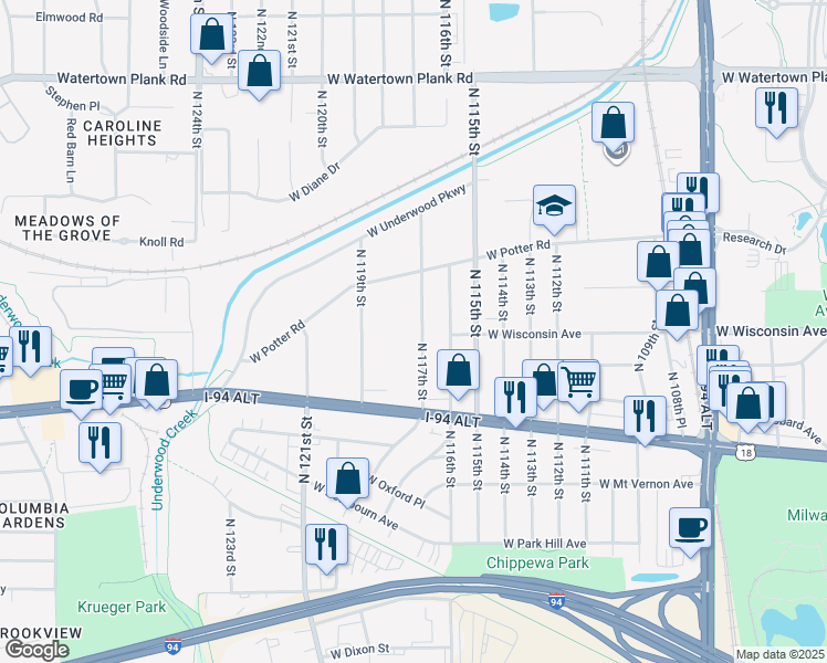 map of restaurants, bars, coffee shops, grocery stores, and more near 707 North 117th Street in Wauwatosa