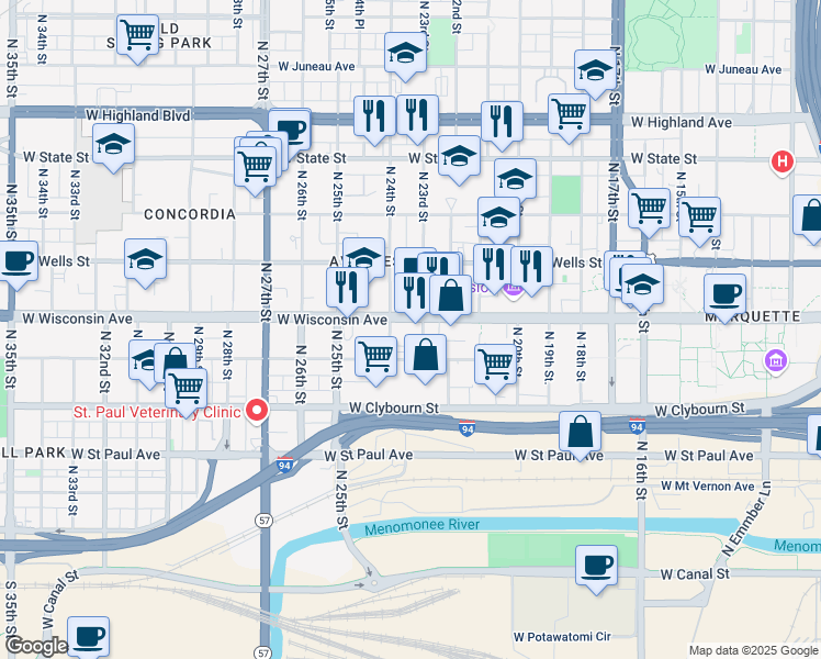 map of restaurants, bars, coffee shops, grocery stores, and more near 617 North 23rd Street in Milwaukee