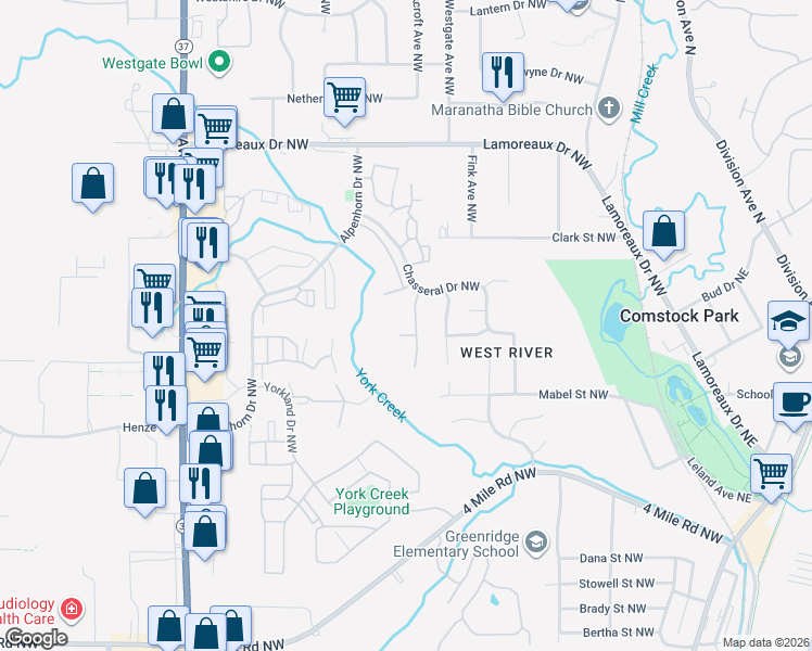 map of restaurants, bars, coffee shops, grocery stores, and more near 457 Woodrush Court Northwest in Comstock Park