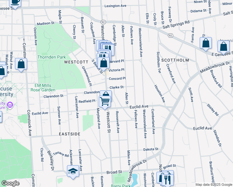 map of restaurants, bars, coffee shops, grocery stores, and more near 123 Strong Avenue in Syracuse