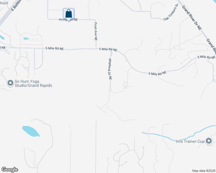 map of restaurants, bars, coffee shops, grocery stores, and more near 4126 Maybeck Drive Northeast in Grand Rapids