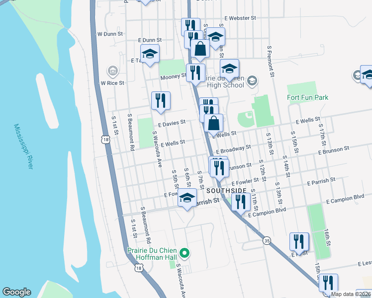 map of restaurants, bars, coffee shops, grocery stores, and more near 1014 South 6th Street in Prairie du Chien