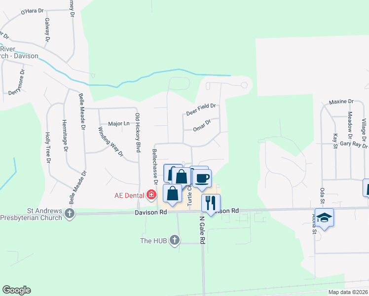 map of restaurants, bars, coffee shops, grocery stores, and more near 8448 Bellchasse Drive in Davison