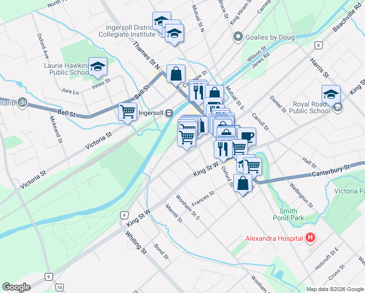 map of restaurants, bars, coffee shops, grocery stores, and more near 77 County Road 9 in Ingersoll