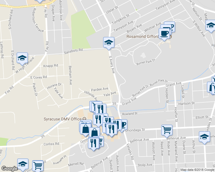map of restaurants, bars, coffee shops, grocery stores, and more near 102 Pardee Avenue in Syracuse