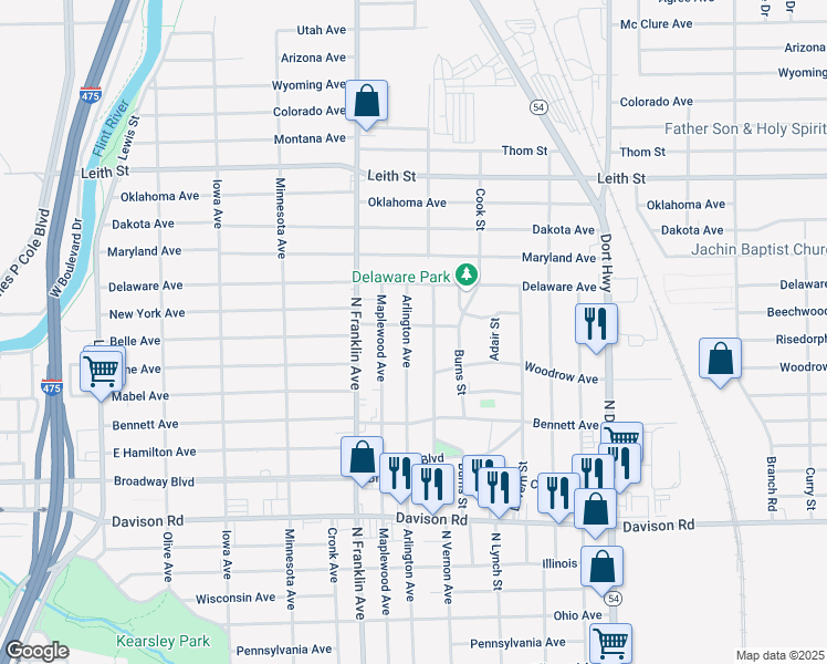 map of restaurants, bars, coffee shops, grocery stores, and more near 2426 Arlington Avenue in Flint